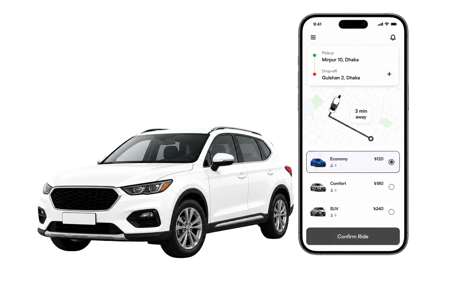 KHAPIA app preview with route map and white SUV